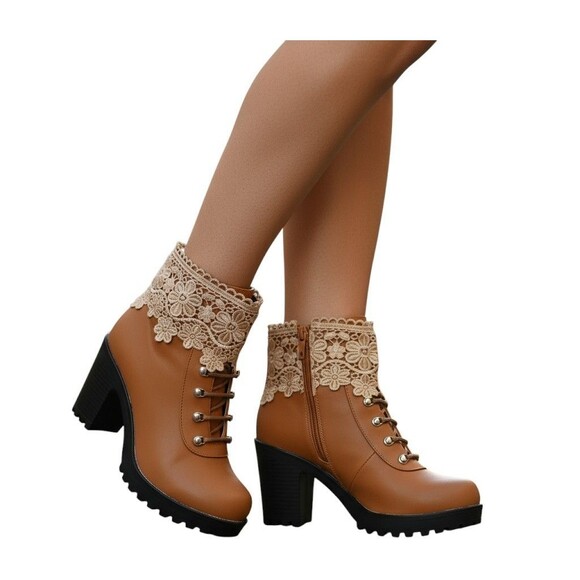 Platform Chunky Heel Lace Trim Ankle Boots Womens EU 38 US 7.5 Tan Fall Winter - Picture 1 of 11